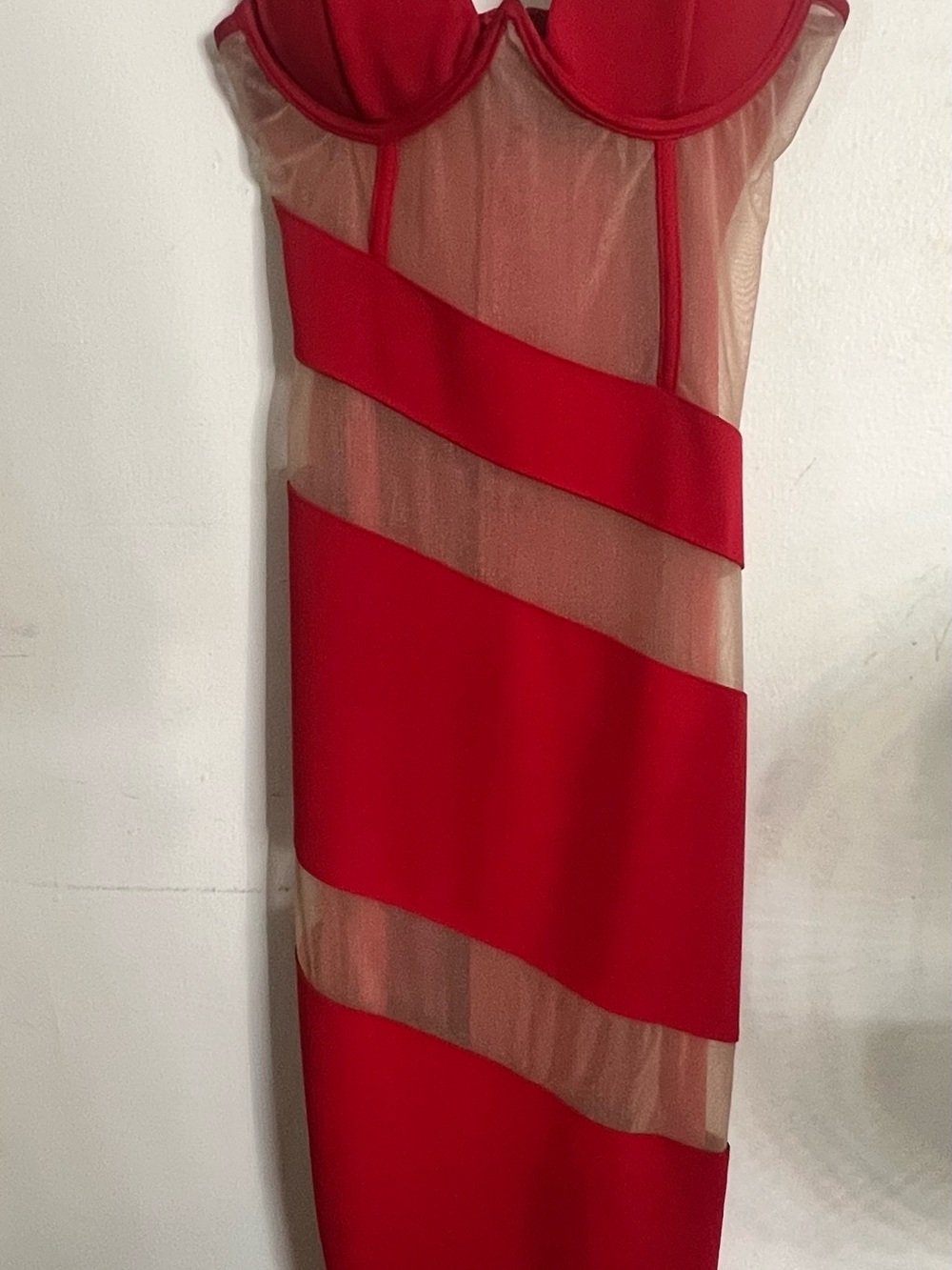 Red Mesh Panel Bodycon Dress
